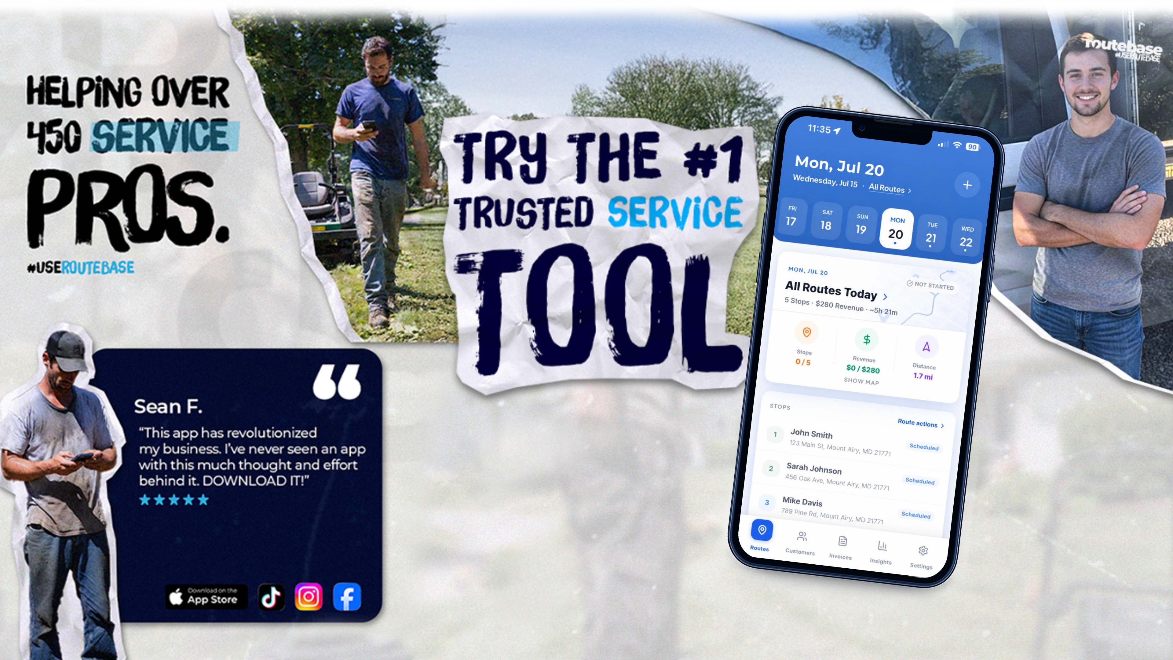 RouteBase route planning app on iPhone helping lawn care and home-service pros